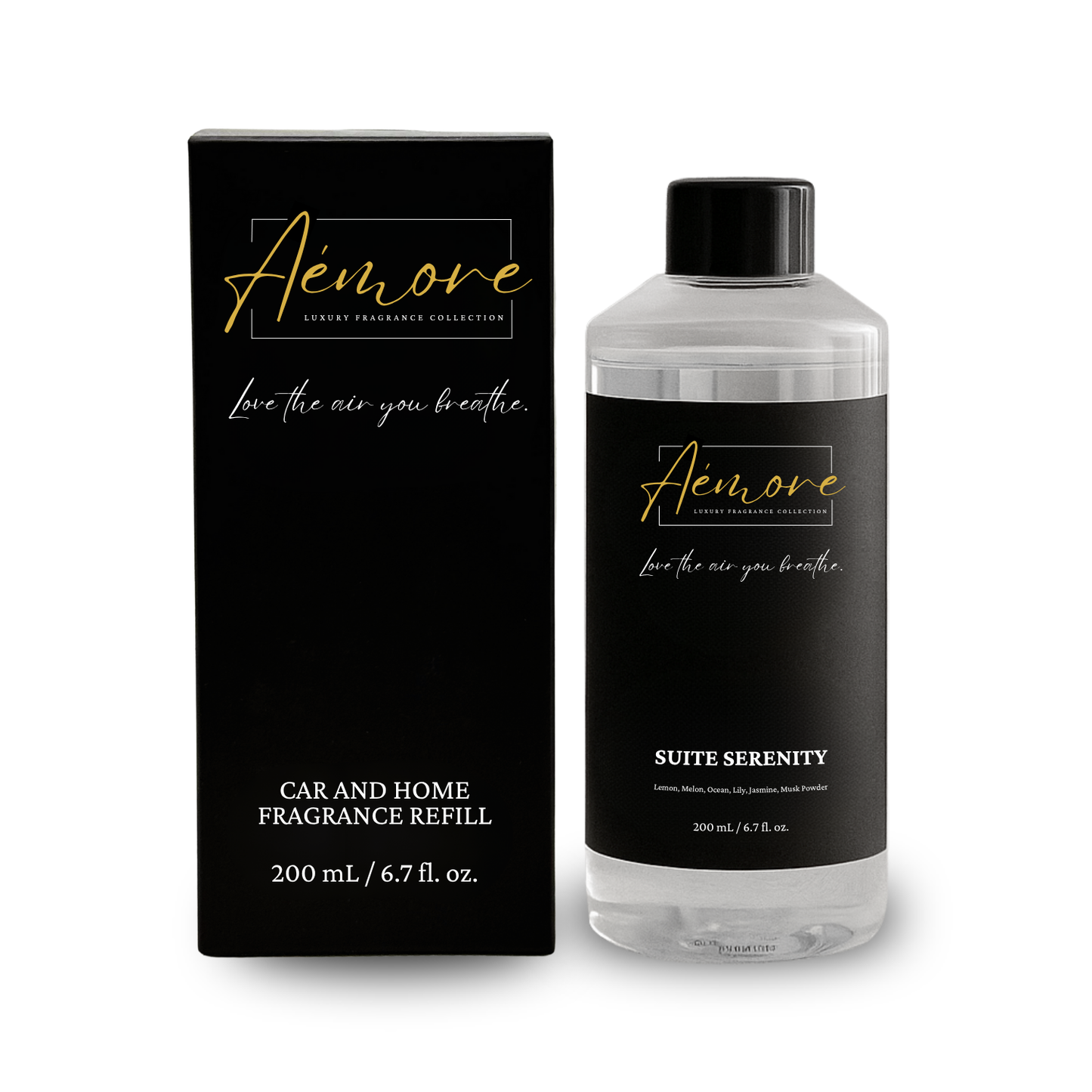 Aemore Suite Serenity fragrance refill bottle and packaging on a white background