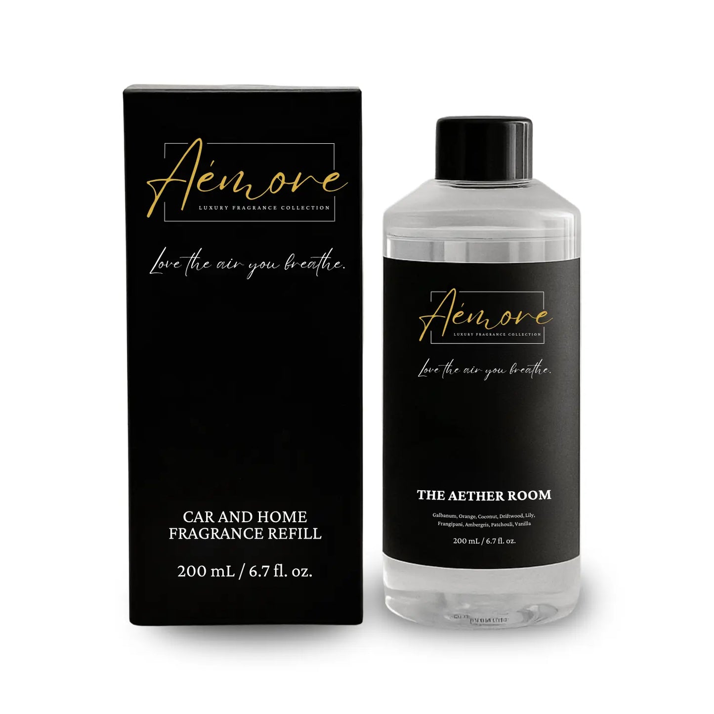 Aemore car and home fragrance refill bottle and packaging on a white background