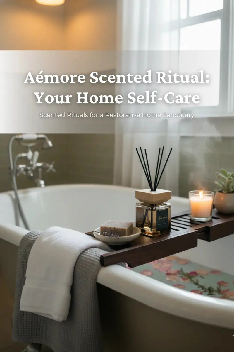 A restorative home sanctuary bathroom setup featuring an Aémore candle for self-care.