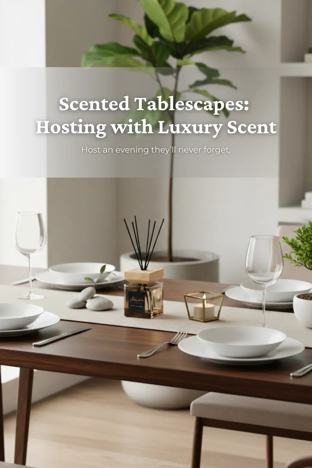 A luxury dining setup featuring an Aémore scented tablescape and minimalist home sanctuary decor.