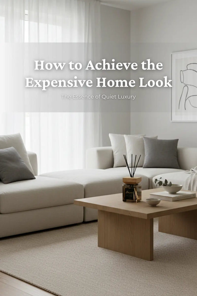 A quiet luxury living room with linen textures and an Aémore candle for a minimalist home sanctuary.