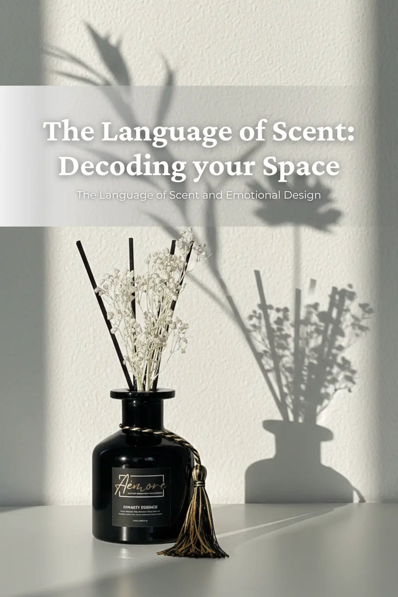 Aesthetic botanical shadows on a wall next to an Aémore fragrance bottle representing the language of scent.