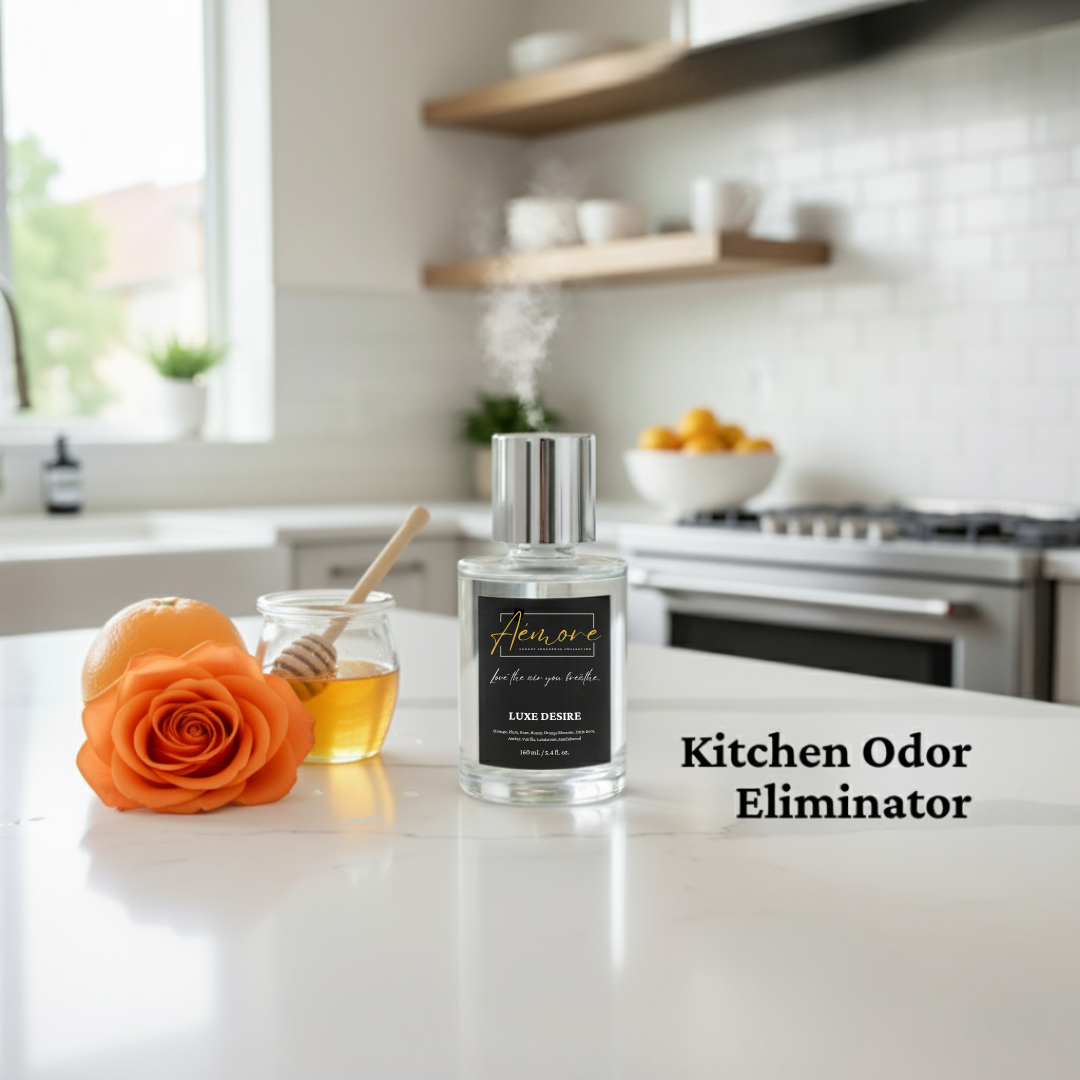 Kitchen odor eliminator bottle on a kitchen counter with a rose and honey jar.