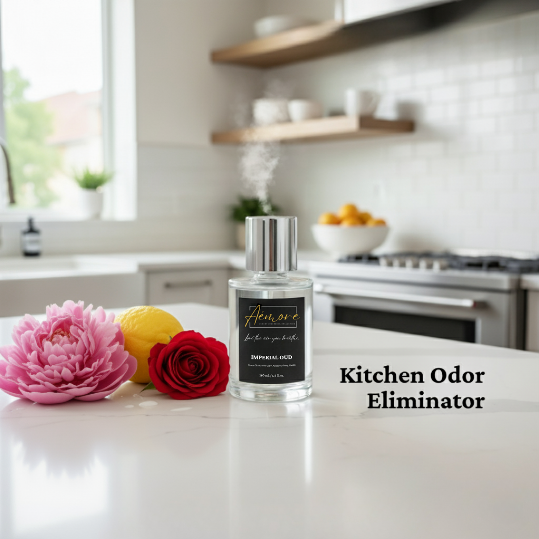 Kitchen odor eliminator bottle on a kitchen counter with flowers and a window in the background