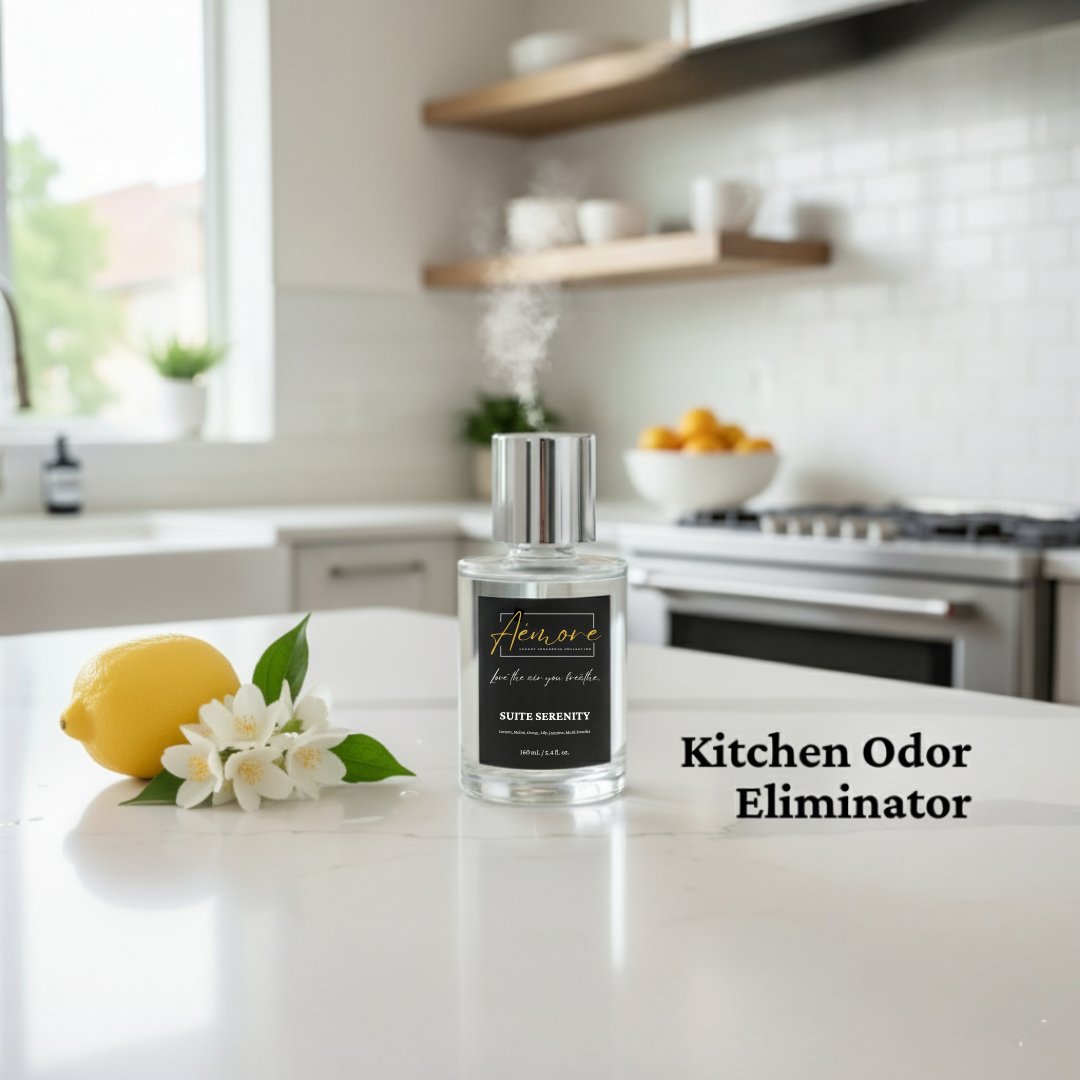 Bottle of kitchen odor eliminator on a kitchen counter with lemon and flowers.