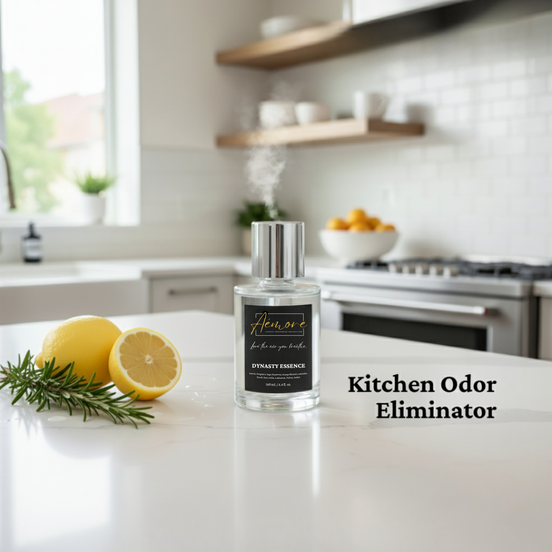Kitchen odor eliminator bottle on a kitchen counter with lemons and rosemary.