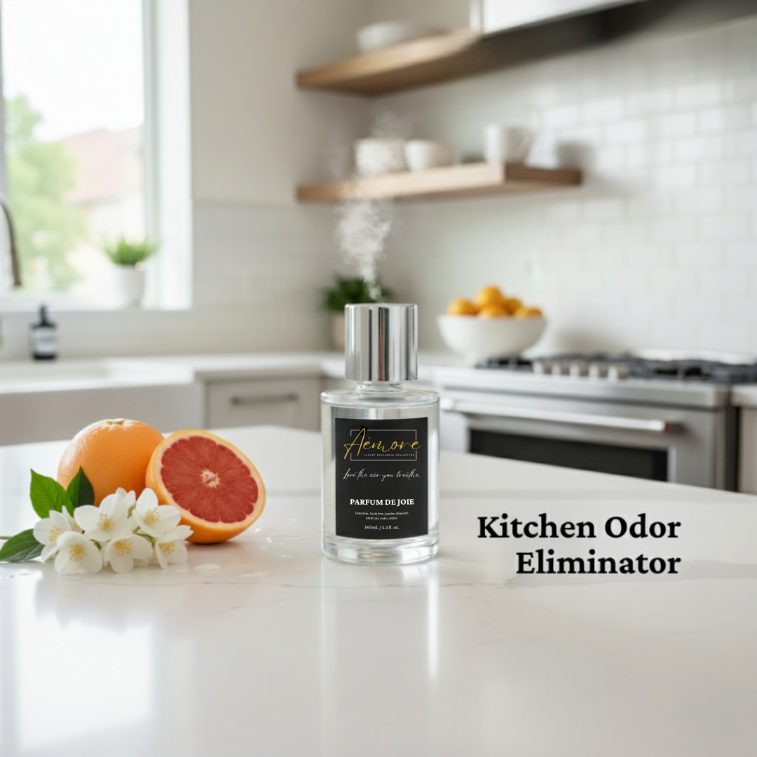 Kitchen odor eliminator bottle on a kitchen counter with fruits and flowers.