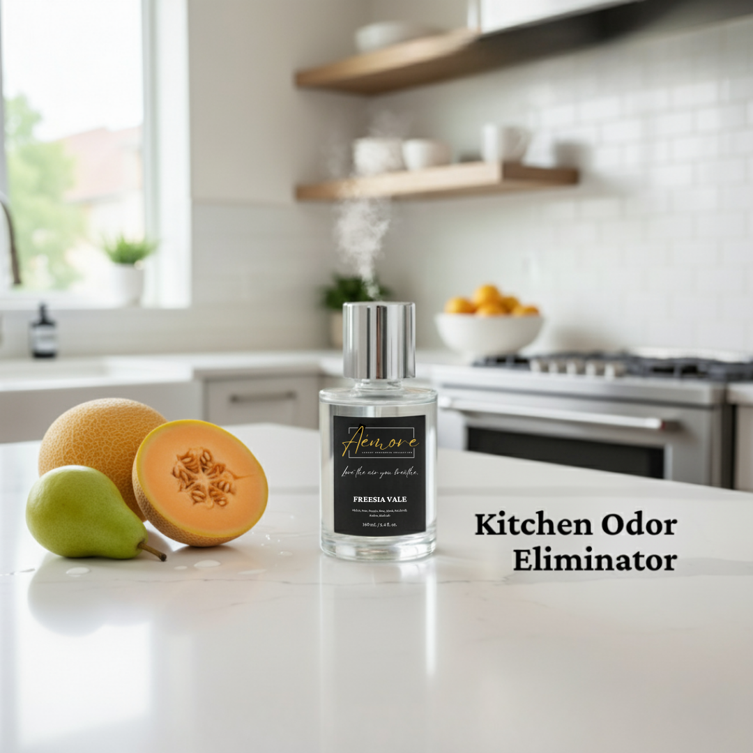 Kitchen odor eliminator bottle on a kitchen counter with melons and a window in the background