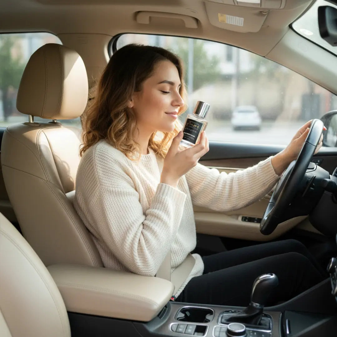 Woman sitting in a car holding a bottle of car diffuser.