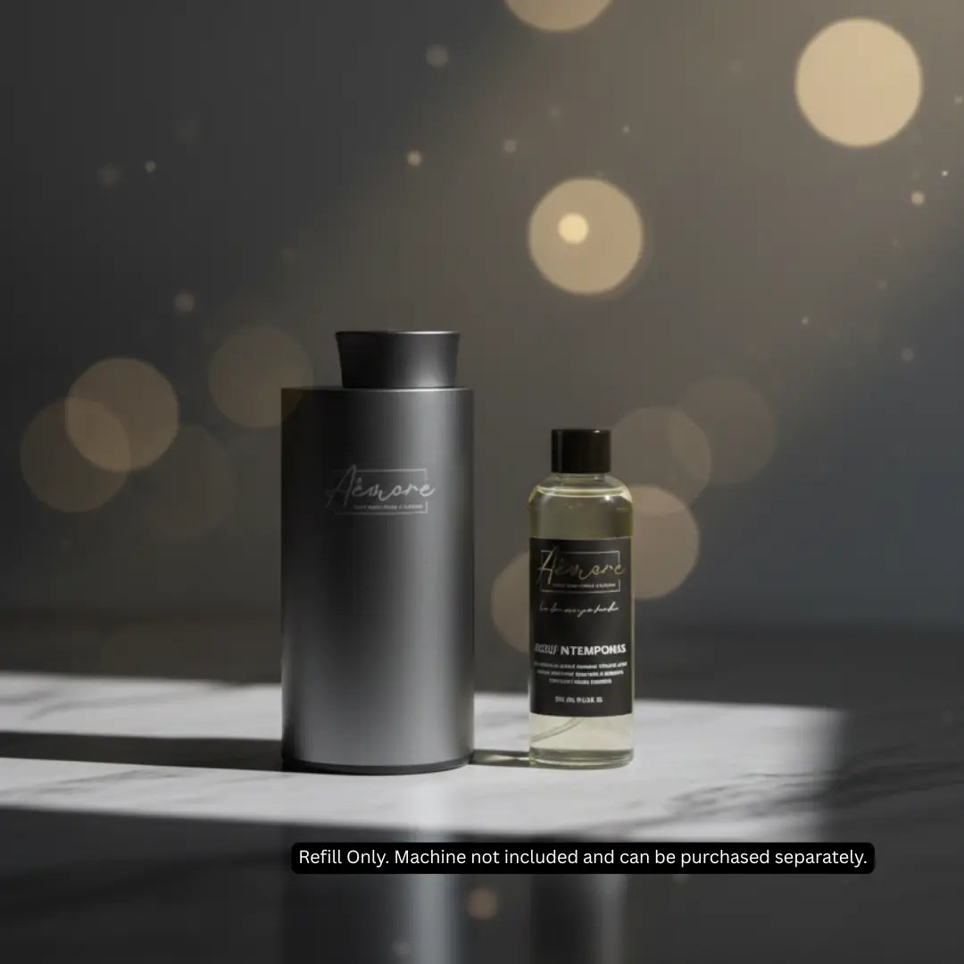 Two bottles of 'Aemore' product on a reflective surface with a blurred background