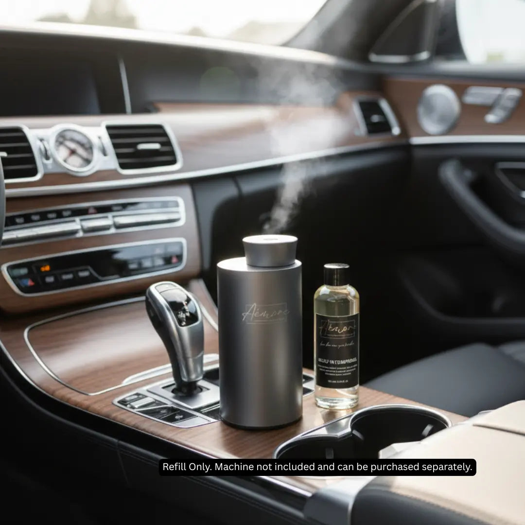 Car interior with a diffuser and bottle on the dashboard