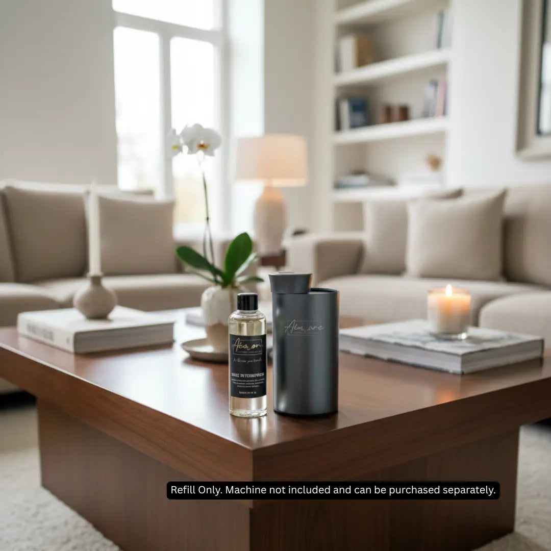 Two bottles on a wooden coffee table in a living room setting.
