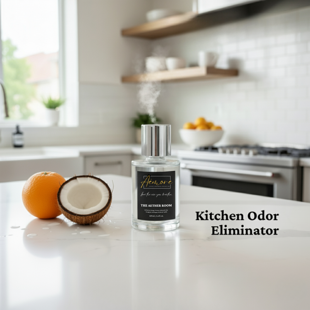 Kitchen odor eliminator bottle on a kitchen counter with fruits