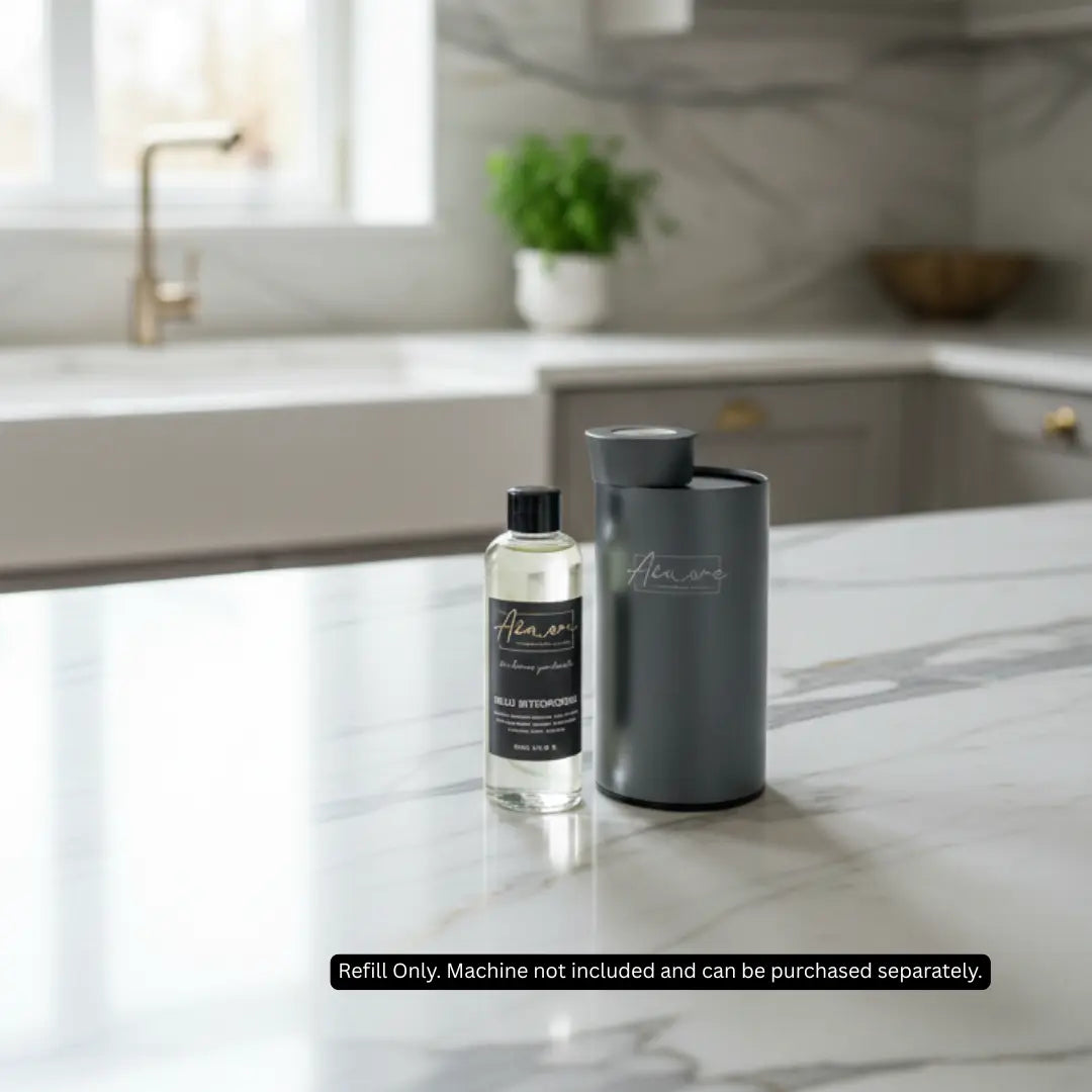 Two bottles on a kitchen counter with a blurred background