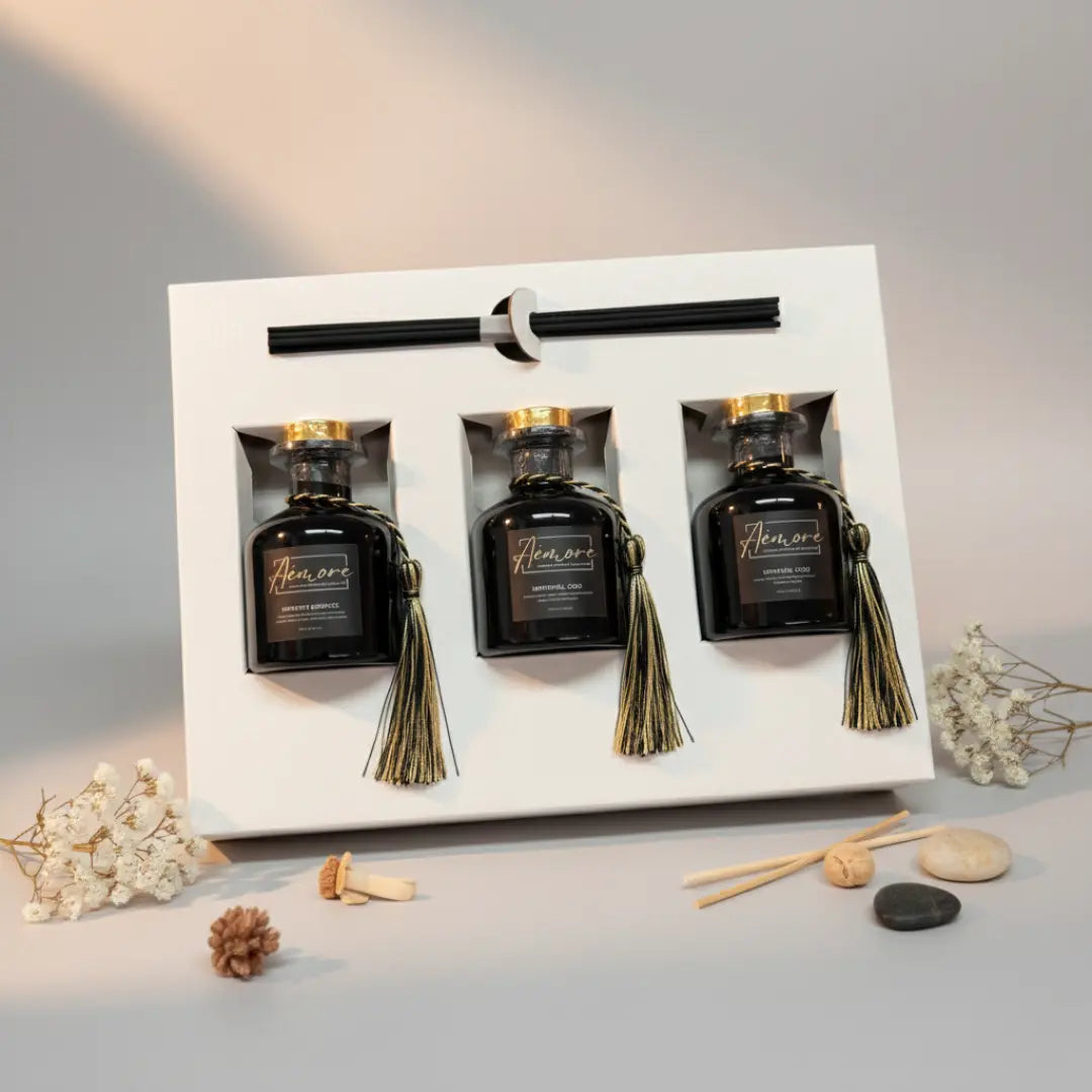 Three black bottles with tassels in a white box on a gray surface with decorative items.