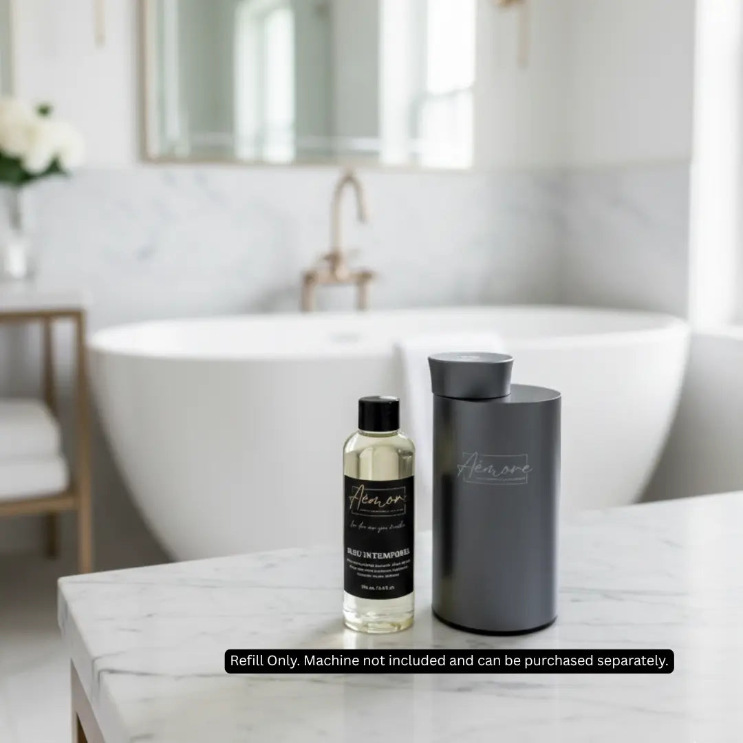 Bottle of diffuser machine and a refill container on a marble surface with a bathroom in the background.