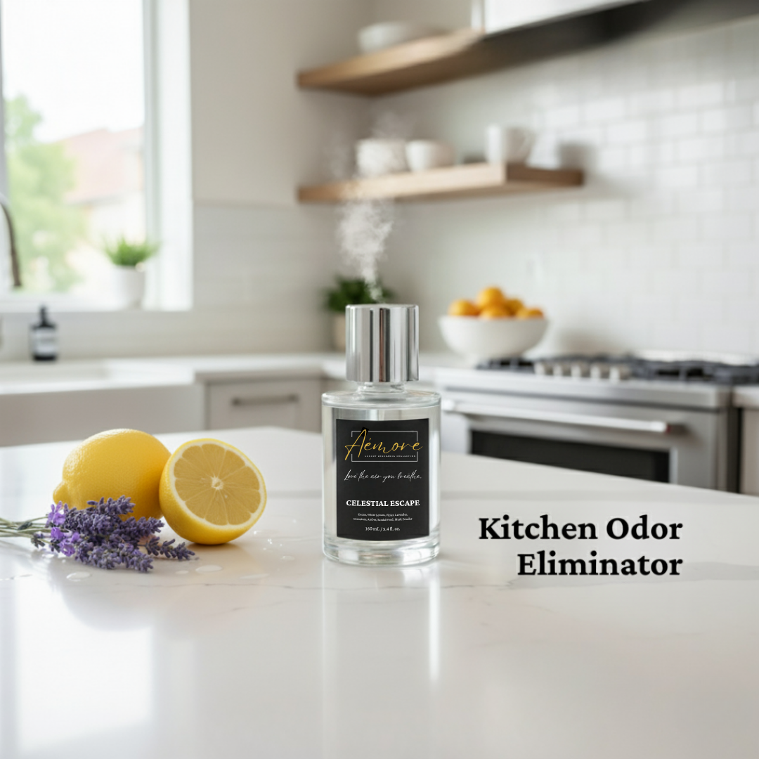 Kitchen odor eliminator bottle on a kitchen counter with lemons and lavender.