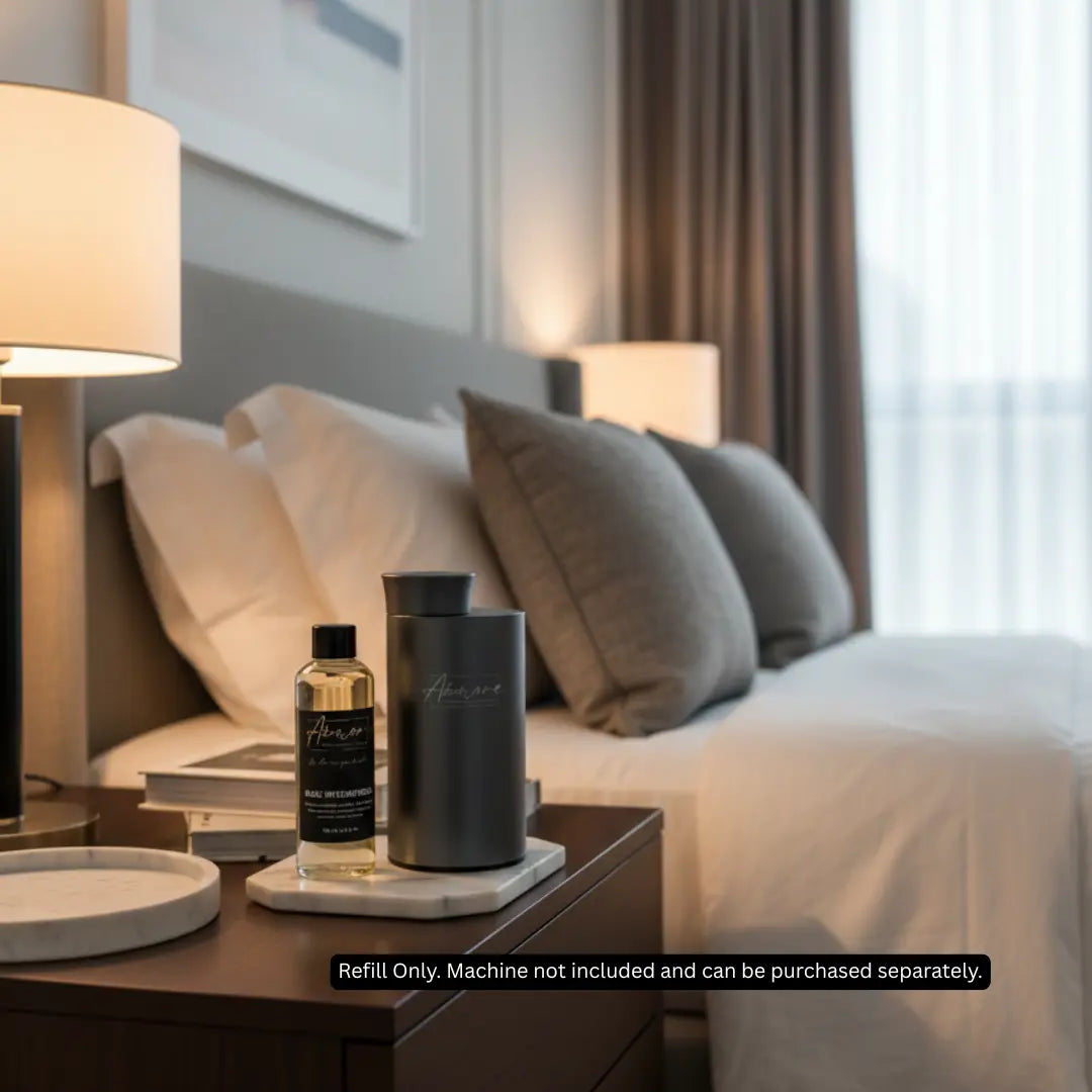 Bottle refill and diffuser on a nightstand next to a bed in a bedroom setting.