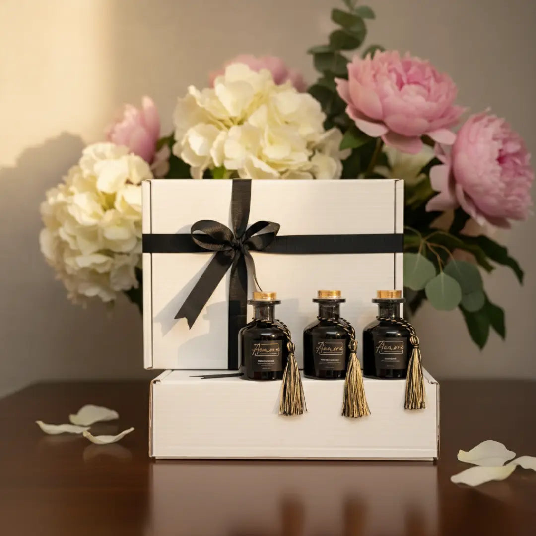 Set of three small bottles with tassels in a decorative box with flowers in the background