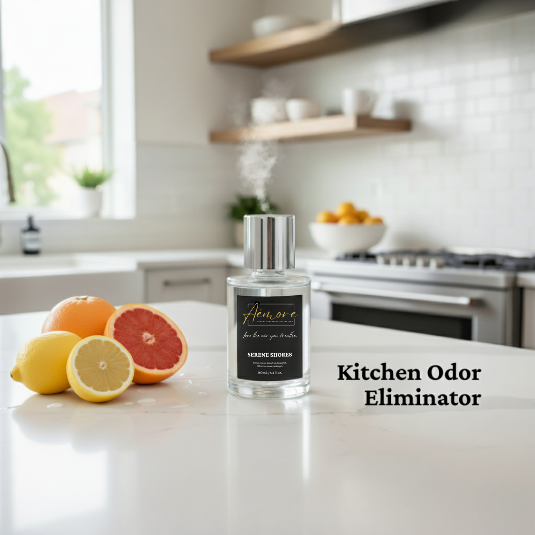 Kitchen odor eliminator bottle on a kitchen counter with lemons and grapefruit.