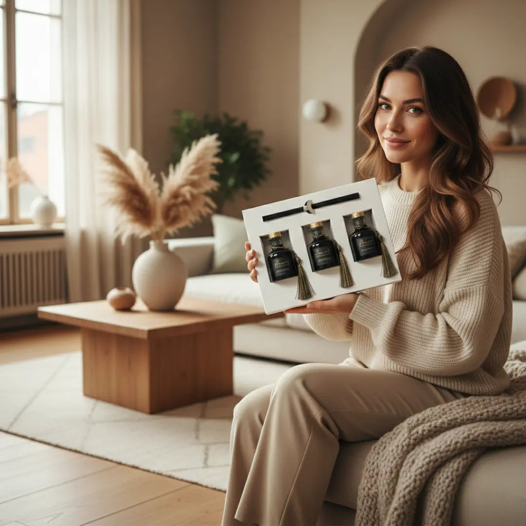 Woman holding a box of products in a cozy living room