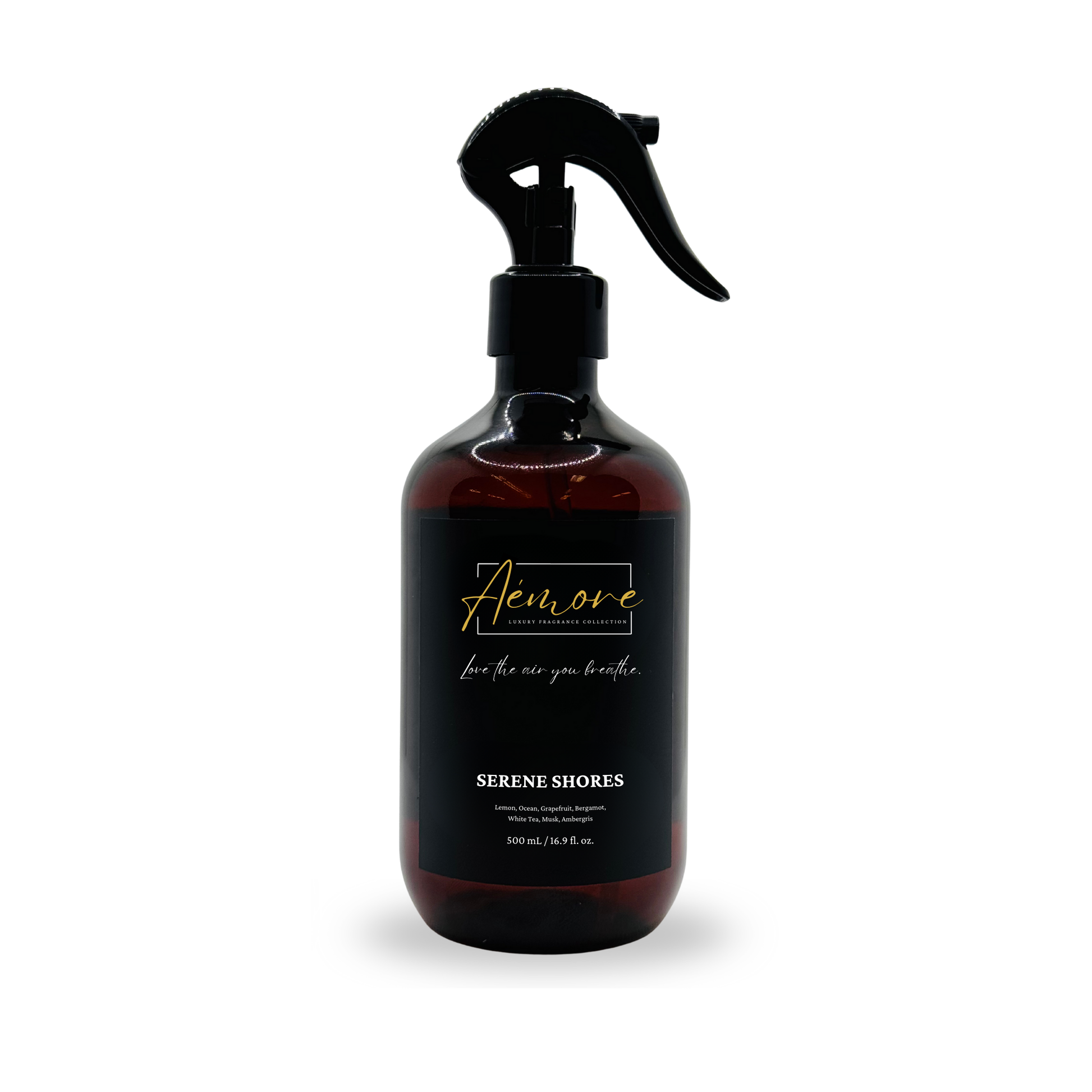 Brown spray bottle with black label on a white background